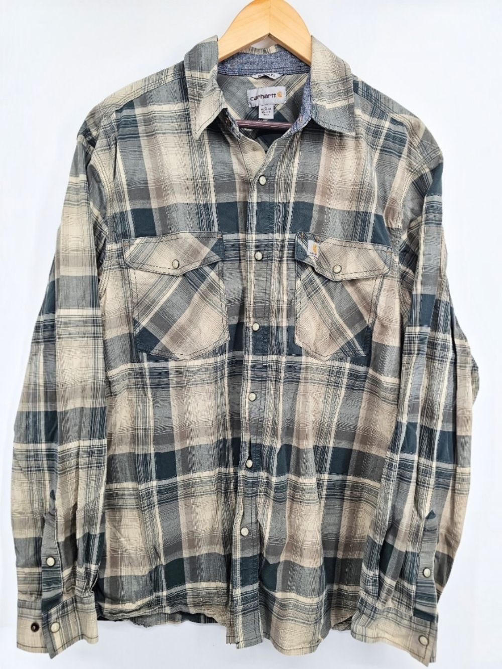 Carhartt 104443 Rugged Flex Green Plaid Pearl Snap Shirt Men's L Relaxed Fit